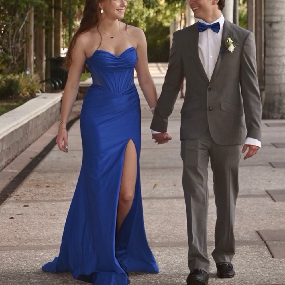 Elegant Blue Amarra Strapless Gown, with optional straps